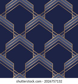 Art deco seamless pattern with golden and blue geometric elements. Vector illustration. 