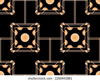 Art deco seamless pattern. Golden art line on black background. Vintage linear art. Design a template for wallpapers, banners and posters. The style of the 1920s - 1930s. Vector illustration