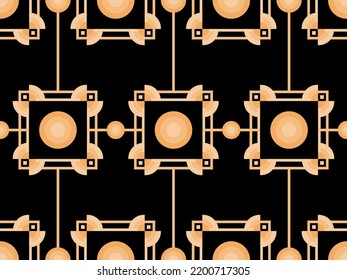 Art deco seamless pattern. Golden art line on black background. Vintage linear art. Design a template for wallpapers, banners and posters. The style of the 1920s - 1930s. Vector illustration