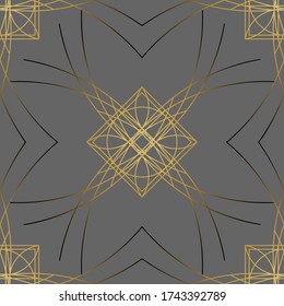 Art Deco seamless pattern on a gray background with golden line ornament in the shape of a rhombus. Arabesque ornament with flower shape for cover, tile, fabric, textile. Retro, vintage style vector