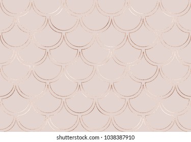 Art deco seamless pattern with rose gold mermaid scales and golden glitter texture. 