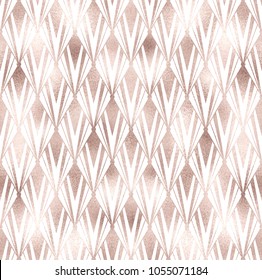 Art deco seamless pattern with rose gold rhombus scales and pink glitter texture.