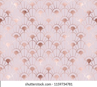 Art deco seamless pattern with rose gold decorative flowers shapes.