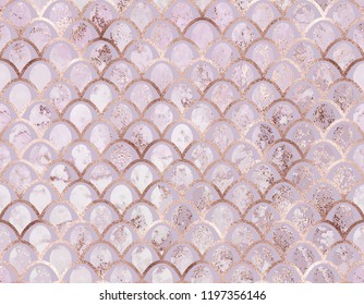 Art deco seamless pattern with rose gold geometric shapes.