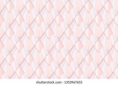 Art deco seamless pattern with rose gold geometric shapes and pink gradient texture. Abstract polygonal background. Rhombus tiles geometric nouveau vector seamless pattern in pink gold rose grey color