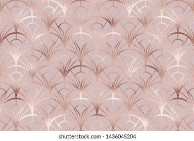Art deco seamless pattern with rose gold fan scales glitter texture. 