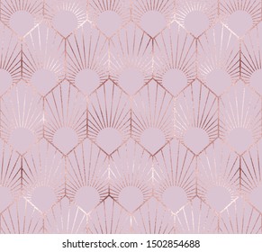 Art deco seamless pattern with rose gold geometric shapes.