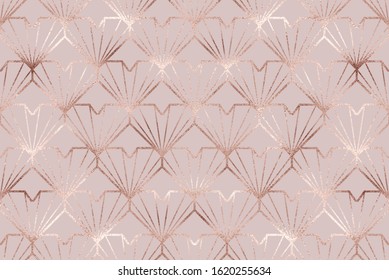 Art deco seamless pattern with rose gold geometric hearts.