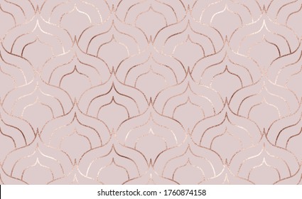 Art deco seamless pattern with rose gold decorative shapes.