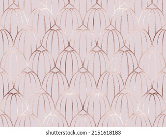 Diseño Art Deco sin fisuras con adorno de flores de brote de oro de rosa.
