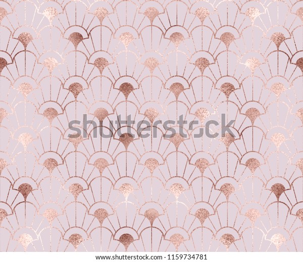 Art deco seamless pattern with rose gold\
decorative flowers shapes.