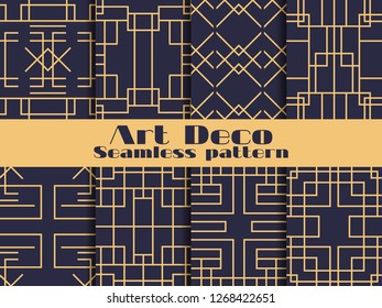 Art deco seamless pattern. Set retro backgrounds, gold and black color. Style 1920's, 1930's. Lines and geometric shapes. Vector illustration