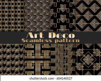 Art deco seamless pattern. Set retro backgrounds, gold and black color. Style 1920's, 1930's. Vector illustration.