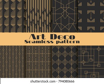 Art deco seamless pattern. Set retro backgrounds, gold and black color. Style 1920's, 1930's. Lines and geometric shapes. Vector illustration