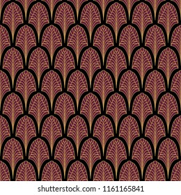 Art Deco seamless pattern. Stylized Palm leaf ornament on black background. Golden geometric tile elements. Vector vintage Atr Nouveau design for fabric, wallpaper, wrapping
