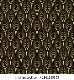 Art Deco seamless pattern. Stylized Palm leaf ornament on black background. Golden geometric tile elements. Vector vintage Atr Nouveau design for fabric, wallpaper, wrapping