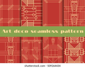 Art deco seamless patterns. The pattern of lines and geometric shapes. Set retro backgrounds. Style 1920's, 1930's. Vector illustration.