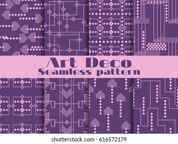 Art deco seamless patterns. Purple color. Set retro backgrounds. Style 1920's, 1930's. Vector