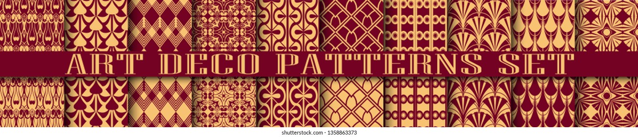 Art Deco seamless patterns set. Retro vintage ornamental geometrical patterns, ornate textures. Set and collection of element for design