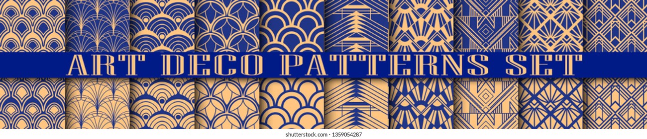 Art Deco seamless patterns set. Retro vintage ornamental geometrical patterns, ornate textures. Set and collection of element for design
