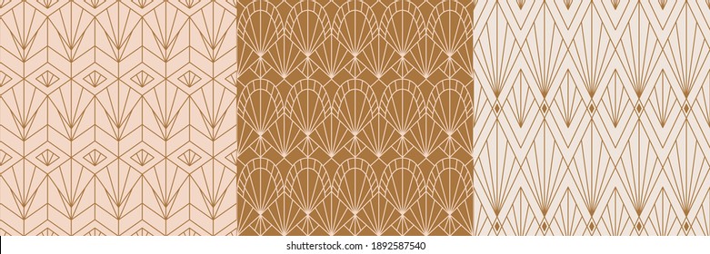 Art Deco Seamless Patterns Set in a Trendy minimal Linear Style. Vector Abstract Retro backgrounds with Geometric Shapes. For packaging, fabric printing, branding, wallpaper, covers
