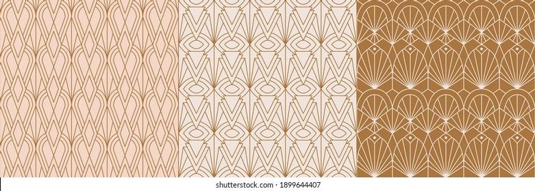 Art Deco Seamless Patterns Set in a Trendy minimal Linear Style. Vector Abstract Retro backgrounds with Geometric Shapes. For packaging, fabric printing, branding, wallpaper, covers