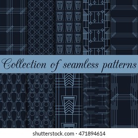 Art deco seamless patterns. Set of ten geometric backgrounds. Style 1920's, 1930's. Vector illustration.