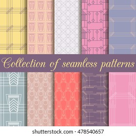 Art deco seamless patterns. Set of ten geometric backgrounds. Style 1920's, 1930's. Vector illustration.