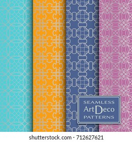 Art Deco seamless patterns set. Vector geometric seamless backgrounds. Repeating line texture for Cards, Invitations, textile fabric or paper print. Silver lace patterns, fashion collection