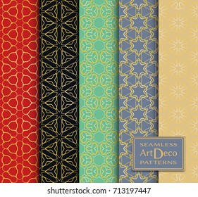 Art Deco seamless patterns set. Vector geometric seamless backgrounds. Repeating line texture for Cards, Invitations, textile fabric or paper print. Golden lace patterns, fashion collection