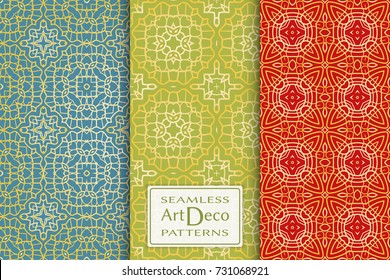 Art Deco seamless patterns. Vector geometric ornament in arabian style. Repeating line texture for Cards, Invitations, textile fabric or paper print. Golden lace pattern on blue, red, green background