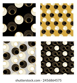 art deco seamless vector pattern collection, abstract round shapes, gold and black and white