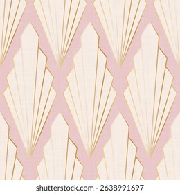 Art deco seamless vector pattern. Repeated golden diamond shell on pastel pink with linen texture
