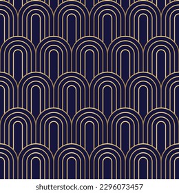Art deco seamless wallpaper pattern with golden arc line, art nouveau background, geometric decorative repeat backdrop for print.