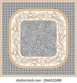 Art deco Shawl with Art Nouveau floral frieze, Black and white hounds tooth pattern, leopard skin, golden Baroque cable frame. Art Nouveau border pattern brush in the brush palette 