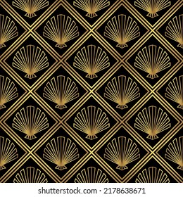 Art Deco shell pattern. Luxury gold and black ornamental geometric decor. 