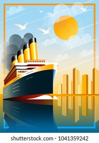 Art Deco ship vector illustration. Passenger liner in ocean. Illustration of vacation and cruise. Handmade drawing vector illustration.