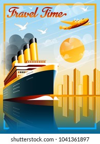 Art Deco ship vector illustration. Passenger liner in ocean. Illustration of vacation and cruise. Handmade drawing vector illustration.