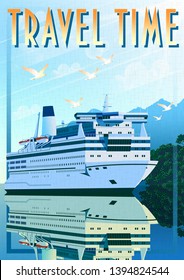 Art Deco ship vector illustration. Passenger liner in ocean. Illustration of vacation and cruise. Handmade drawing vector illustration.