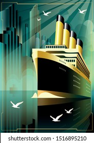 Art Deco ship vector illustration. Passenger liner in ocean. Illustration of vacation and cruise. Handmade drawing vector illustration.