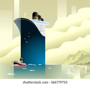 Art Deco Ship Vector Illustration. Seaway Line Connection Transport Ferry Vessel Background. Passenger Liner In Ocean. Illustration Of Vacation And Cruise. Boat Go Along Ship To Port.