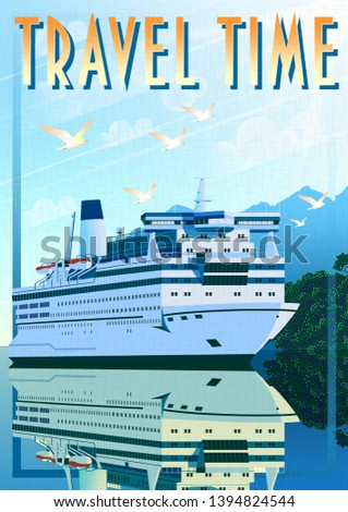 Art Deco ship vector illustration. Passenger liner in ocean. Illustration of vacation and cruise. Handmade drawing vector illustration.