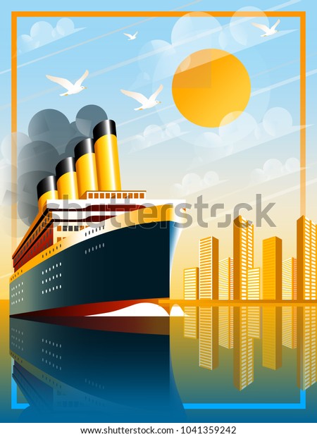 アートデコの船のベクターイラスト 海の旅客船 休暇とクルーズのイラスト 手作りの描画ベクターイラスト のベクター画像素材 ロイヤリティフリー