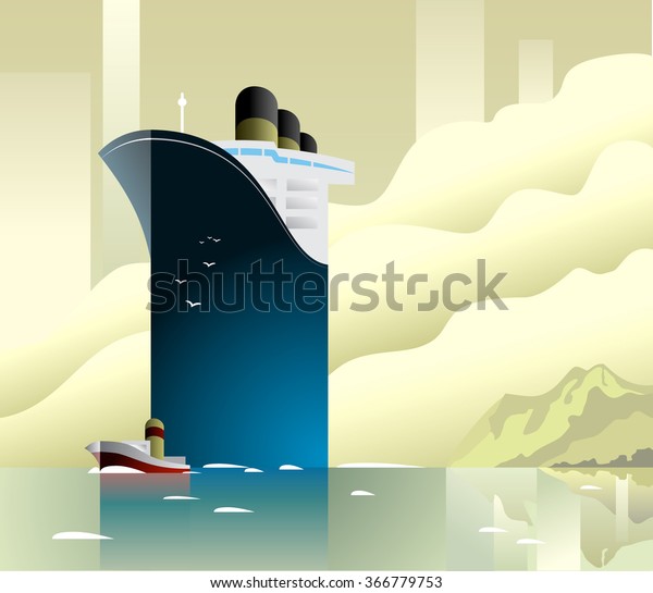 アートデコの船のベクターイラスト 離脱線接続輸送船の背景 海の旅客船 休暇とクルーズのイラスト 船は船に乗って港へ行く のベクター画像素材 ロイヤリティフリー