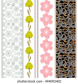 Art deco silk wallpaper with bohemian elements. Animal print, irises borders, wildflowers pattern. Abstract seamless vector. Ethnic textile collection. Silver and golden shadows on white. 