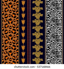 Art deco silk wallpaper with bohemian elements. Leopard and zebra print, floral borders, ancient pattern. Abstract seamless vector. Ethnic textile collection. Silver and golden shadows on dark blue. 