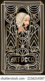 Art Deco silver card with flapper girl, vector illustration