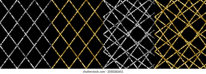 Art Deco silver diagonal seamless patterns set. Sequin luxury repeat backgrounds for textile and interior prints, retro wallpapers, covers and greeting cards of vintage style.