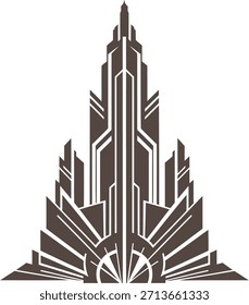 Diseño de rascacielos art déco con patrones geométricos y detalles intrincados en un rico tono marrón. Esta ilustración arquitectónica abstracta captura la elegancia y grandeza de la era art deco. Ideal para proyectos de diseño.
