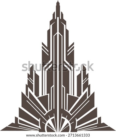 Art deco skyscraper design featuring geometric patterns and intricate details in a rich brown hue. This abstract architectural illustration captures the elegance and grandeur of the art deco era. Ideal for design projects.